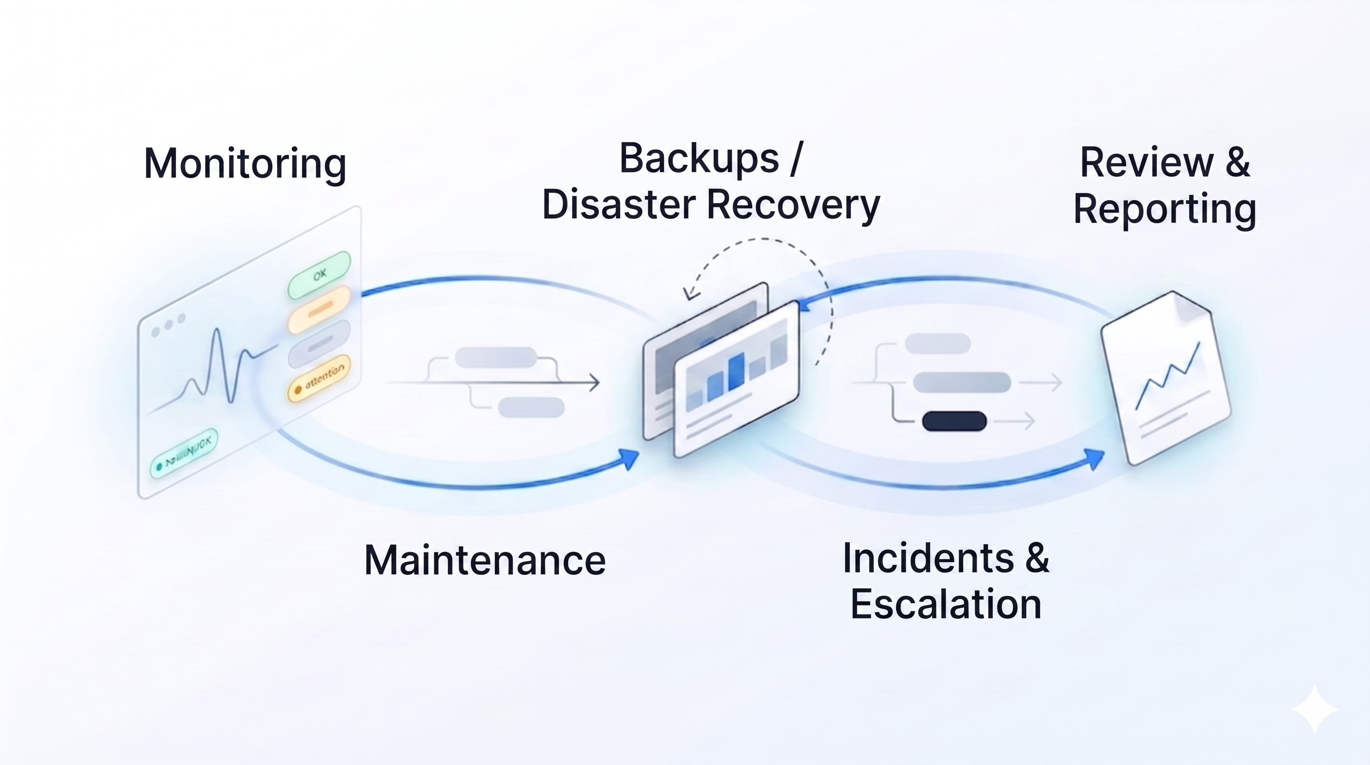 Managed services cycle: monitoring, maintenance, backups, incidents, and reporting